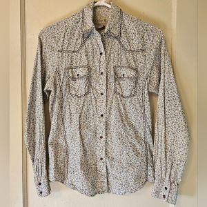 Cedar Rose Blue Floral Brown Stitching Pearl Snap Long Sleeve Shirt Medium